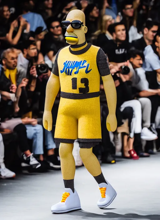 Image similar to hyperrealistic and heavy detailed air jordan runway show of homer simpson, leica sl 2 5 0 mm, vivid color, high quality, high textured, real life