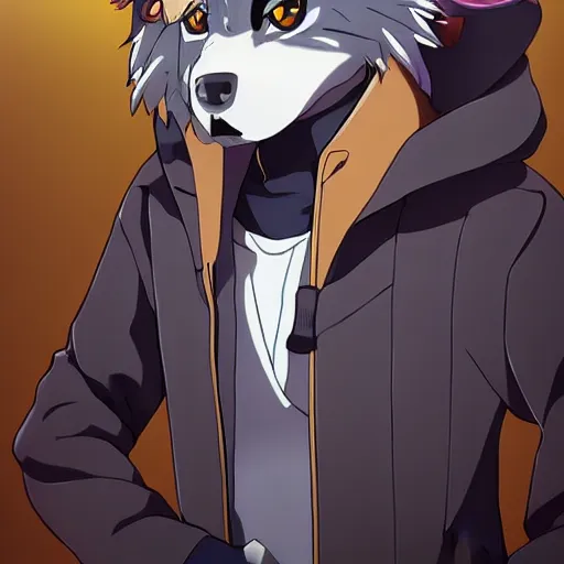 Image similar to key anime visual portrait of an anthropomorphic anthro wolf fursona, in a jacket, with handsome eyes, official modern anime art