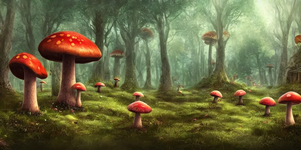 Prompt: mushroom fungus forest village, trending on artstation