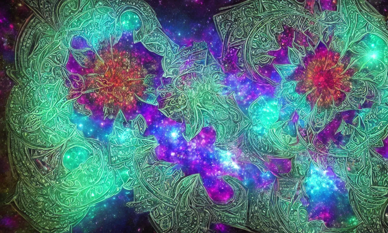 Image similar to fractal mandala nebula psy trip hologram color an ancient white bone and emerald gemstone relic, intricate engraving concept art style