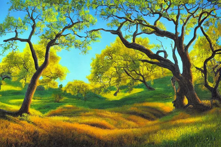 Image similar to masterpiece painting of oak trees on a hillside overlooking a creek, dramatic lighting, by paul o. zelinsky