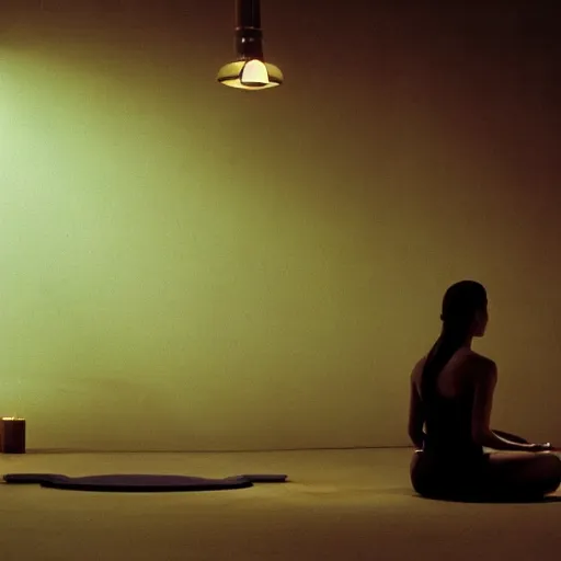 Prompt: movie scene of a girl meditating, movie still, cinematic composition, cinematic light, criterion collection, reimagined by industrial light and magic, Movie by David Lynch and Ridley Scott