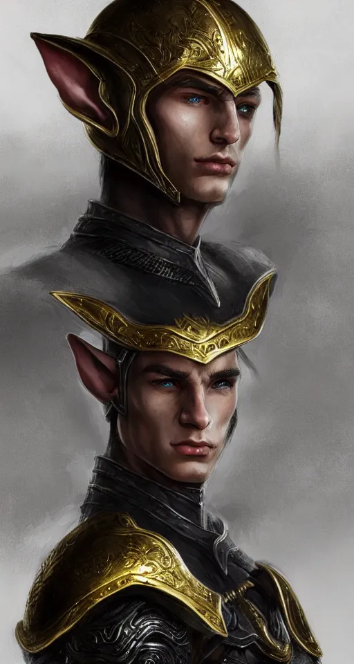 Prompt: A medium shot portrait of a male elf, he is about 20 years old, attractive, lean but muscular, serious composure, short silver hair, prideful look, he is wearing black heavy armor with gold plating and a red cape, highly detailed portrait, digital painting, ArtStation, concept art, smooth, sharp focus illustration, ArtStation HQ