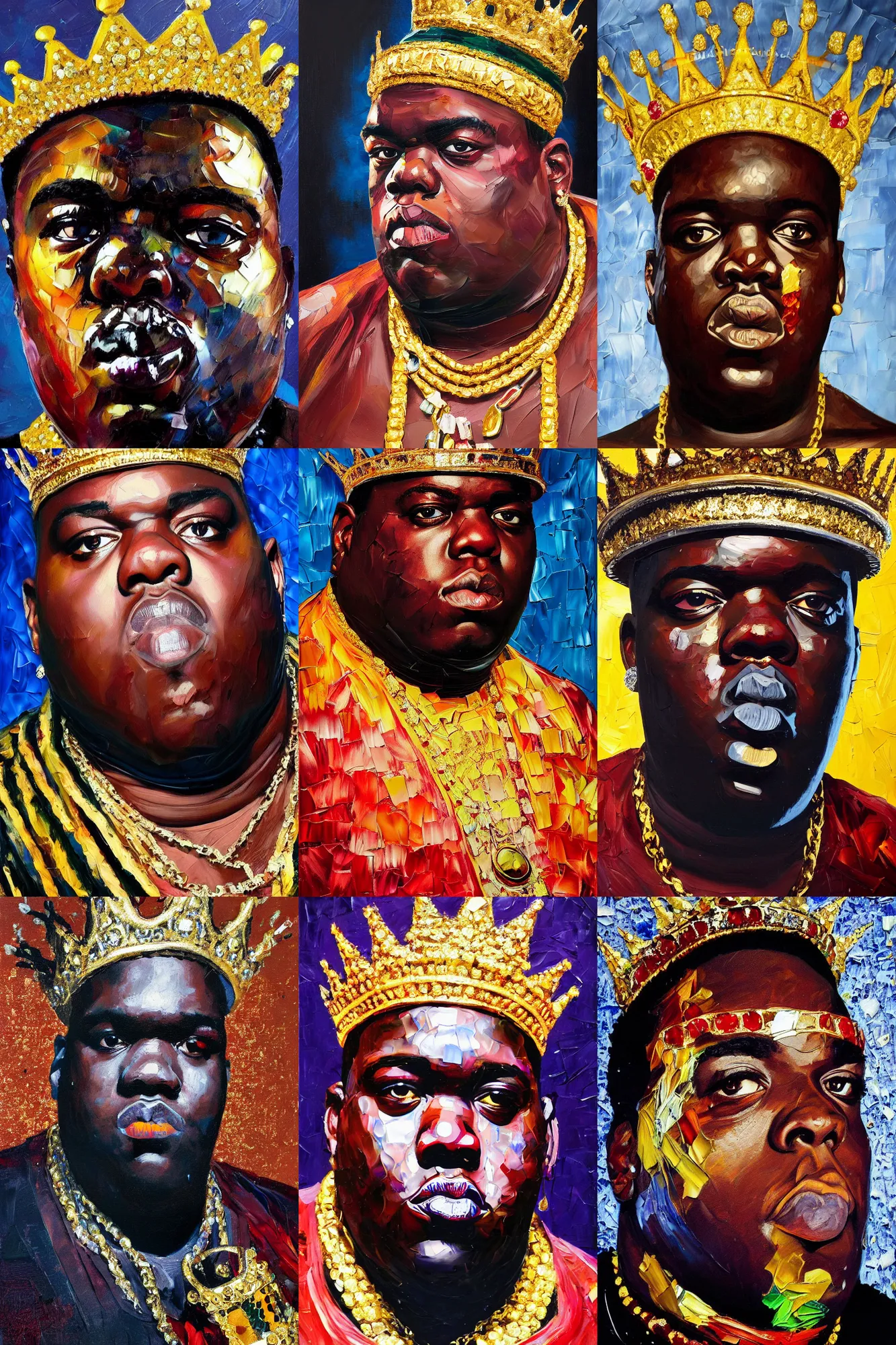 Prompt: palette knife oil painting portrait of notorious big, a king - with gold crown with diamonds and rubies, man in mafia wear and australian aboriginal body paint, concrete balcony, nightclub, artstation trending, artgerm, any racial background, deviant art, hipster, octane, substance, art history 8 k