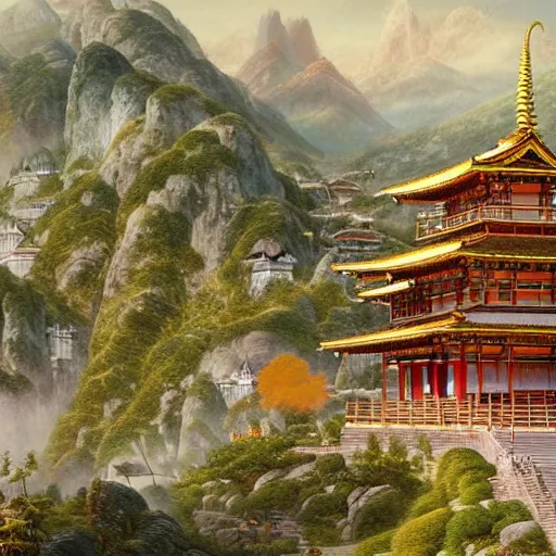 Image similar to a beautiful and highly detailed matte painting of a colorful buddhist temple in the distance high in the most epic mountains ever, intricate details, epic scale, insanely complex, 8 k, sharp focus, hyperrealism, very realistic, by caspar friedrich, greg rutowski, james gurney