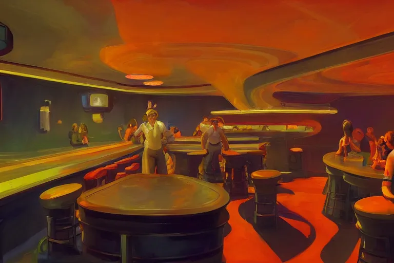 Image similar to a space station bar in jupiter with humans and aliens interacting and drinking, artstation, concept art by edward hopper, colorful lighting