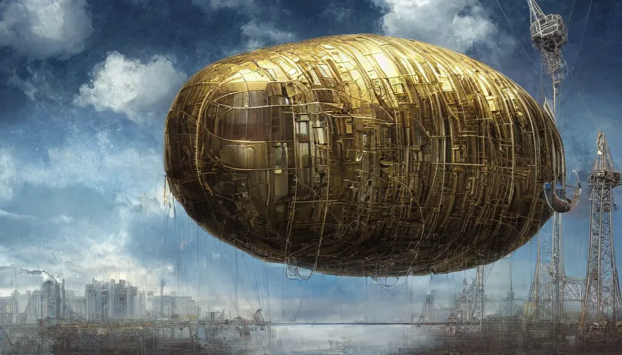 Image similar to an inflated stainless steel chrome gondola in the clouds, people are hanging by steel cables. Oil rigs in the sky. Intricate technical drawing. Digital art. Mammatus clouds. Ornate, brilliant, utopian, detailed, Golden ratio, solarpunk technology by Lebbeus Woods and Craig Mullins