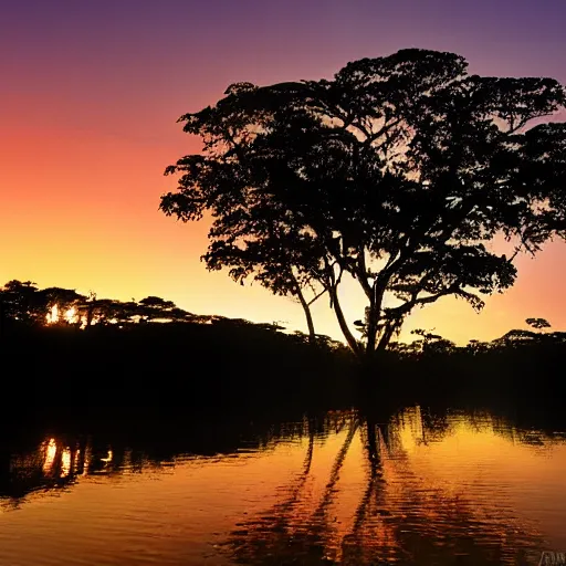 Image similar to magical trees and the amazon river in the amazon rainforest by anderson debernardi and pablo amaringo