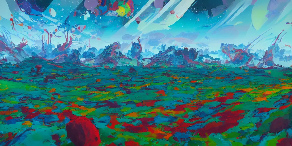 Image similar to abstract landscape painting at noon by james jean and David Schnell painted in no mans sky style