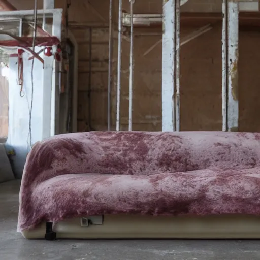 Prompt: a soft, slimy couch made with human meat, big seams showing