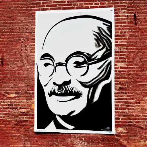 Image similar to propaganda posters of ghandi, evil, 4 k, stapled to a colourless white brick wall