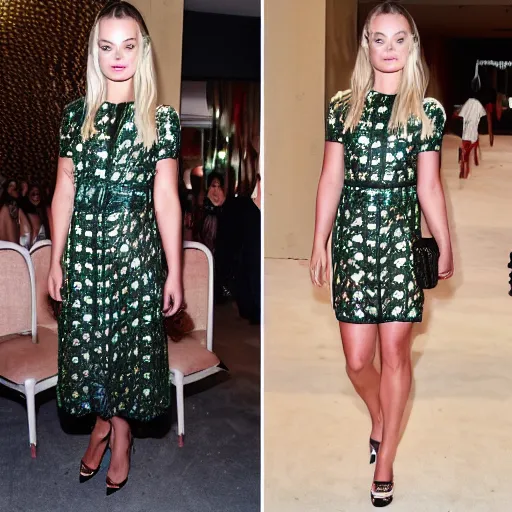 Image similar to Margot Robbie wearing Gucci at a fashion show