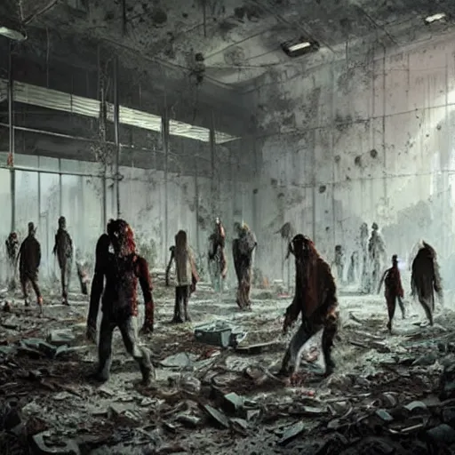 Prompt: zombies walking inside an abandoned laboratory, Matte painting , detailed painting, greg rutkowski