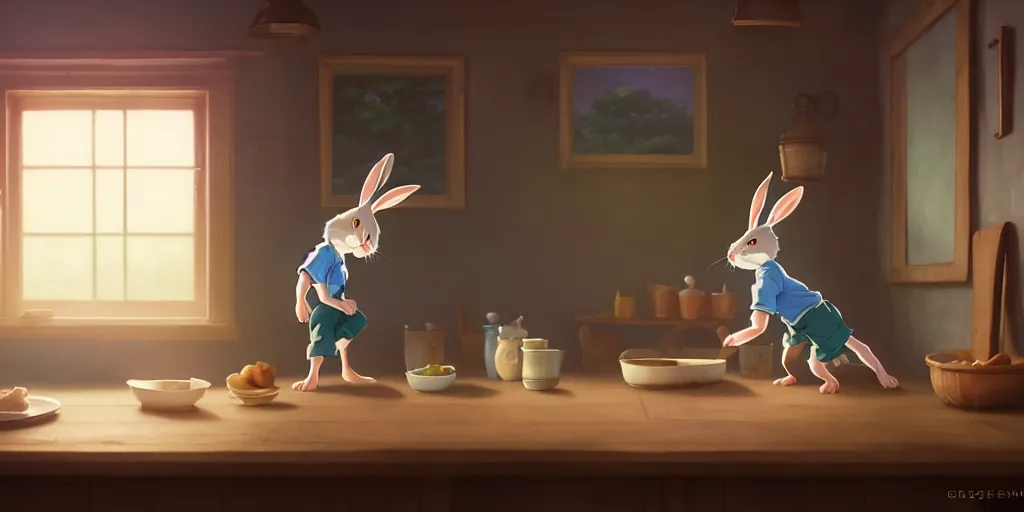 Image similar to a wholesome animation key shot of a cute rabbit boy stretching in a cottage kitchen, medium shot, studio ghibli, pixar and disney animation, sharp, rendered in unreal engine 5, anime key art by greg rutkowski, bloom, dramatic lighting