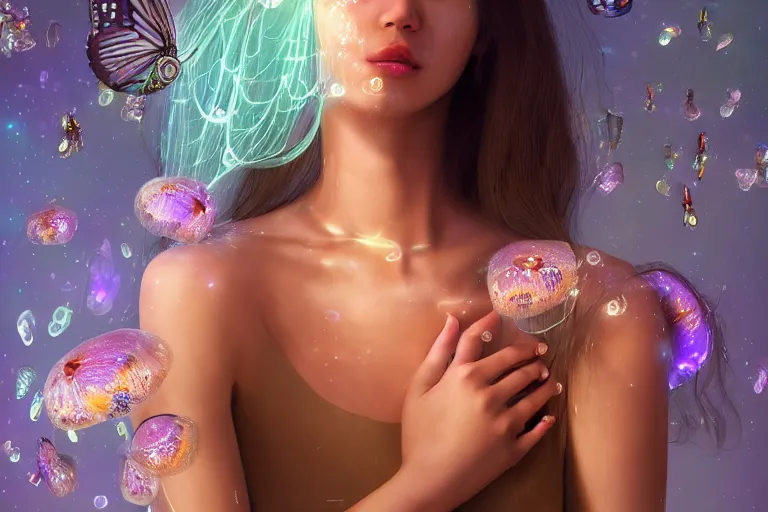 Prompt: a very beautiful dreamy hyper realistic portrait of a beautiful! glass woman made of transparent glossy glass skin surrounded with glowing butterflies and jellyfish, realistic detailed faces, rendered by beeple, by makoto shinkai, syd meade, space art concept, sci - fi, digital art, unreal engine, wlop, trending on artstation, 4 k uhd image, octane render