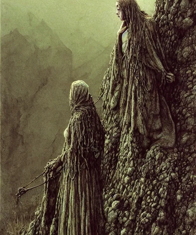 Image similar to a detailed mosquitowoman stands among the hills. wearing a ripped mantle, robe. perfect faces, gnats, extremely high details, realistic, fantasy art, solo, masterpiece, art by zdzislaw beksinski, arthur rackham, dariusz zawadzki