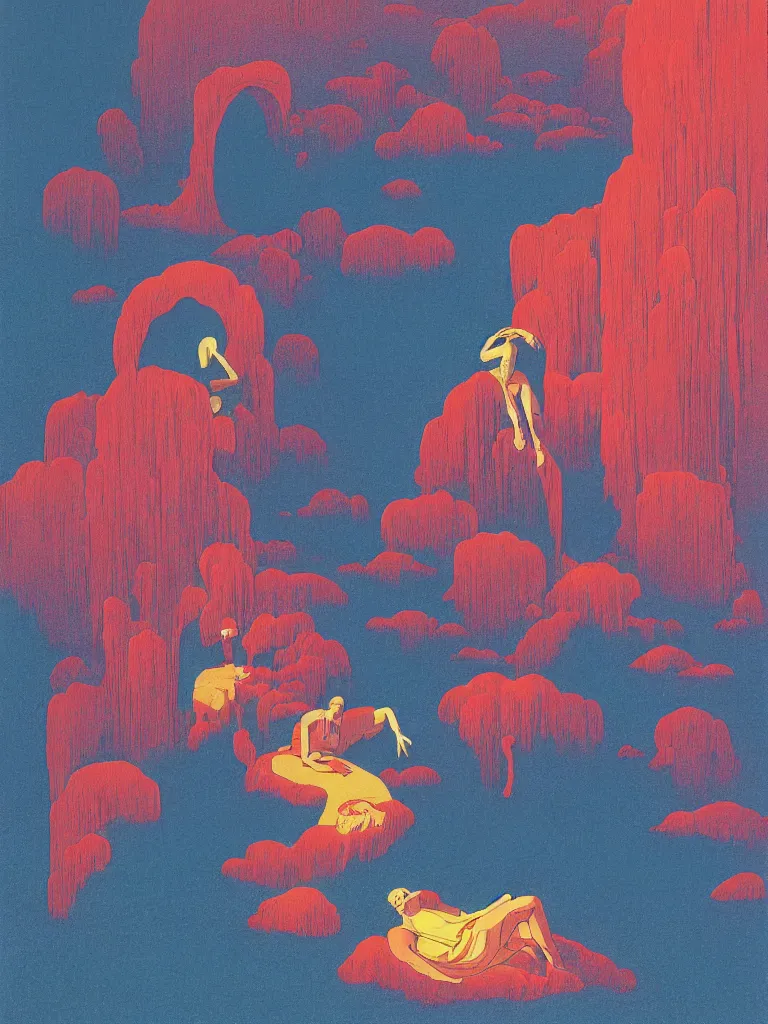 Image similar to a paper blotter tab of LSD acid melting into a surreal psychedelic hallucination, screenprint by kawase hasui, moebius, Edward Hopper and James Gilleard, Zdzislaw Beksinski, Steven Outram colorful flat surreal design, hd, 8k, artstation