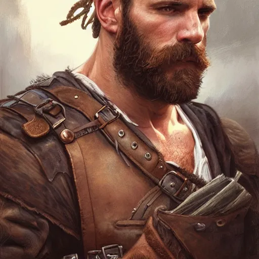 Prompt: portrait of a rugged ranger, coherent hands, handsome, muscular, full body, leather, hairy, d & d, fantasy, intricate, elegant, highly detailed, digital painting, artstation, concept art, smooth, sharp focus, illustration, art by artgerm and greg rutkowski and alphonse mucha