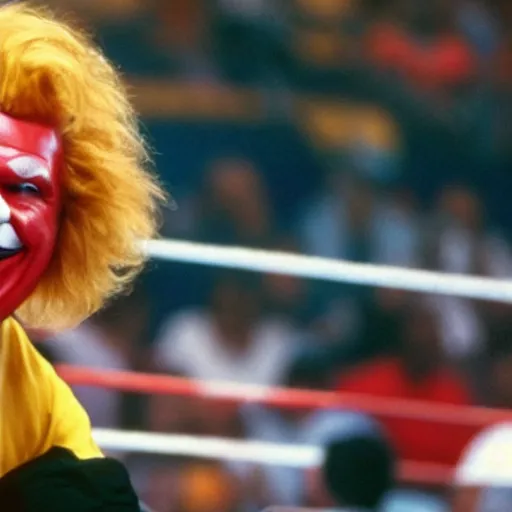 Prompt: A still of Ronald McDonald in WWE, 1990