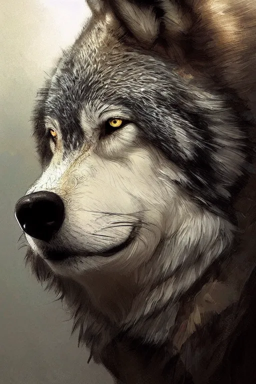 Image similar to portrait of a gray wolf, wolf face, intricate, elegant, highly detailed, digital painting, artstation, concept art, smooth, sharp focus, illustration, art by Krenz Cushart and Artem Demura and alphonse mucha