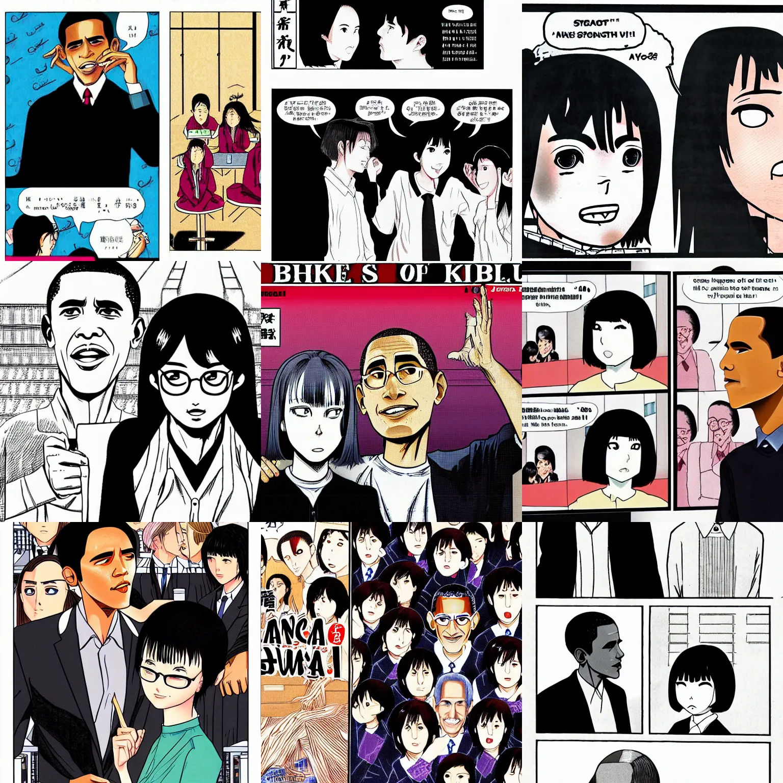 Prompt: manga of barack obama breaking up with steve jobs in an all - girl highschool in kyoto illustrated by junji ito