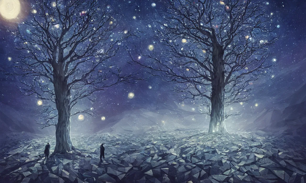 Prompt: a beautiful artwork of a tree with low poly crystal diamond leaves, starry night sky, translucid, pretty lights, pristine marble trunk, elegant, highly detailed, artstation, concept art, matte, sharp focus, art by tom bagshaw, kelogsloops and greg rutkowski