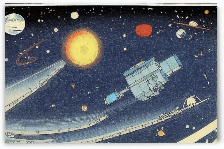 Prompt: hubble space telescope, with earth and stars in background ， by hiroshige utakawa