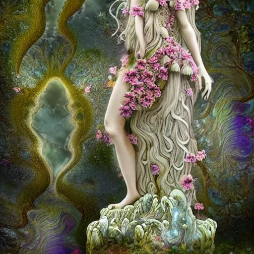 Image similar to an idealistic fully dressed marble statue with fractal flowery hair in a fractal garden, glowing delicate flower and mushrooms that grow in a dark fatansy forest on the planet pandora,, symmetrical,