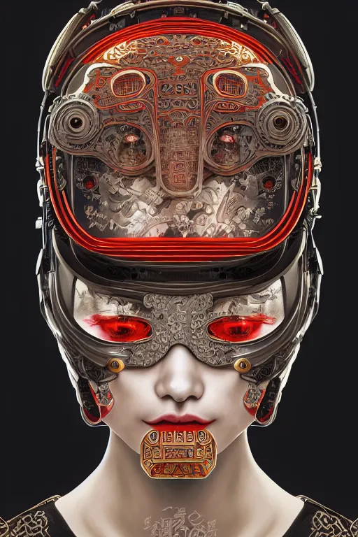 Image similar to portrait of a cyberpunk machine, machine face, upper half portrait, decorated with chinese opera motifs, asian, fine china, traditional chinese art, intricate, elegant, highly detailed, symmetry, headpiece, digital painting, artstation, concept art, smooth, sharp focus, illustration, art by artgerm and greg rutkowski and alphonse mucha, 8 k