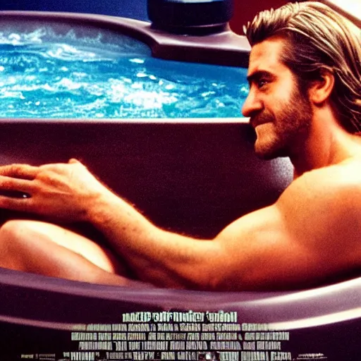 Prompt: a movie poster of Jake Gyllenhaal as patrick Swayze sitting in a hot tub in the movie Road House
