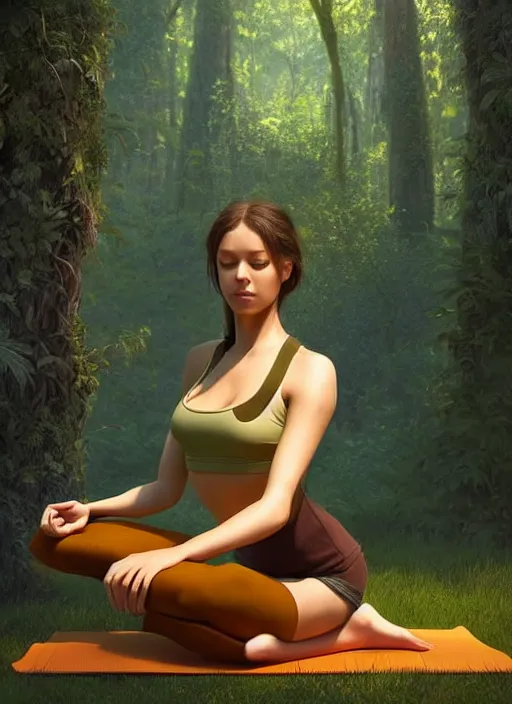 Image similar to young woman sitting in yoga pose : : forest nature : : weta disney pixar movie still photo : : decadent highly - detailed digital painting, full length shot, golden ratio, octane render, artstation, smooth, sharp focus, artgerm, mucha, loish, wlop, gogo