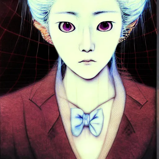 Image similar to yoshitaka amano blurred and dreamy realistic portrait of a woman with white hair and black eyes wearing dress suit with tie, junji ito abstract patterns in the background, satoshi kon anime, noisy film grain effect, highly detailed, renaissance oil painting, weird portrait angle, blurred lost edges, three quarter view