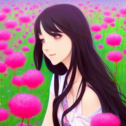 Prompt: a beautiful girl with long dark hair, sitting in a field of flowers, sunny, daytime, sharp focus, intricate, digital painting, artstation, official media, anime key visual, highly detailed, rich vivid colors, ambient lighting, illustration, art by Artgerm, Makoto Shinkai, Ilya Kuvshinov, Lois Van Baarle, and Rossdraws