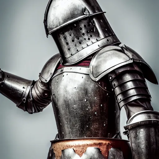 Image similar to one - armed medieval armored knight with a bucket on his head instead of a helmet, highly detailed photography