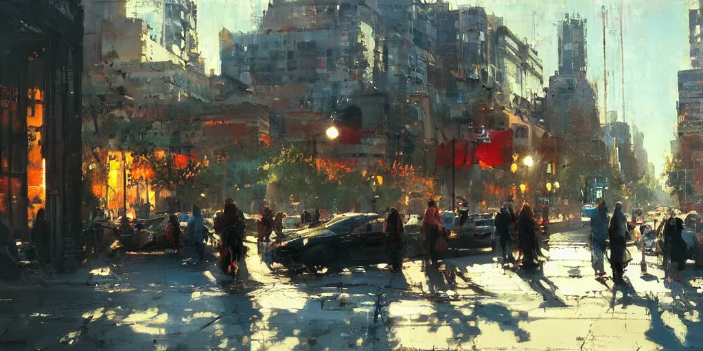 Image similar to street scene, summer time, sunlight, bright colorful, painting by jeremy mann