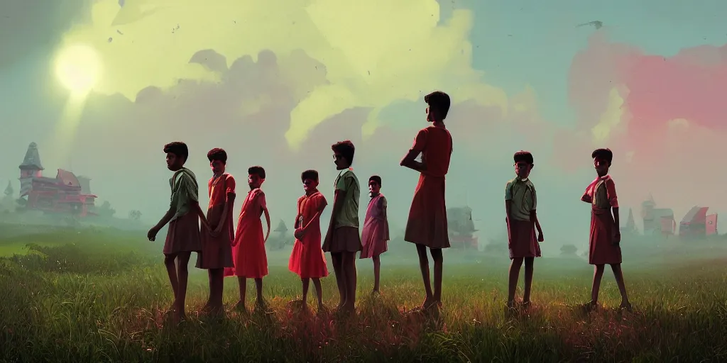 Image similar to kerala school boys wearing girls dresses posing for a photo, an epic fantasy, dramatic lighting, cinematic, establishing shot, extremely high detail, photorealistic, cinematic lighting, artstation, matte painting by simon stalenhag, horizon forbidden west