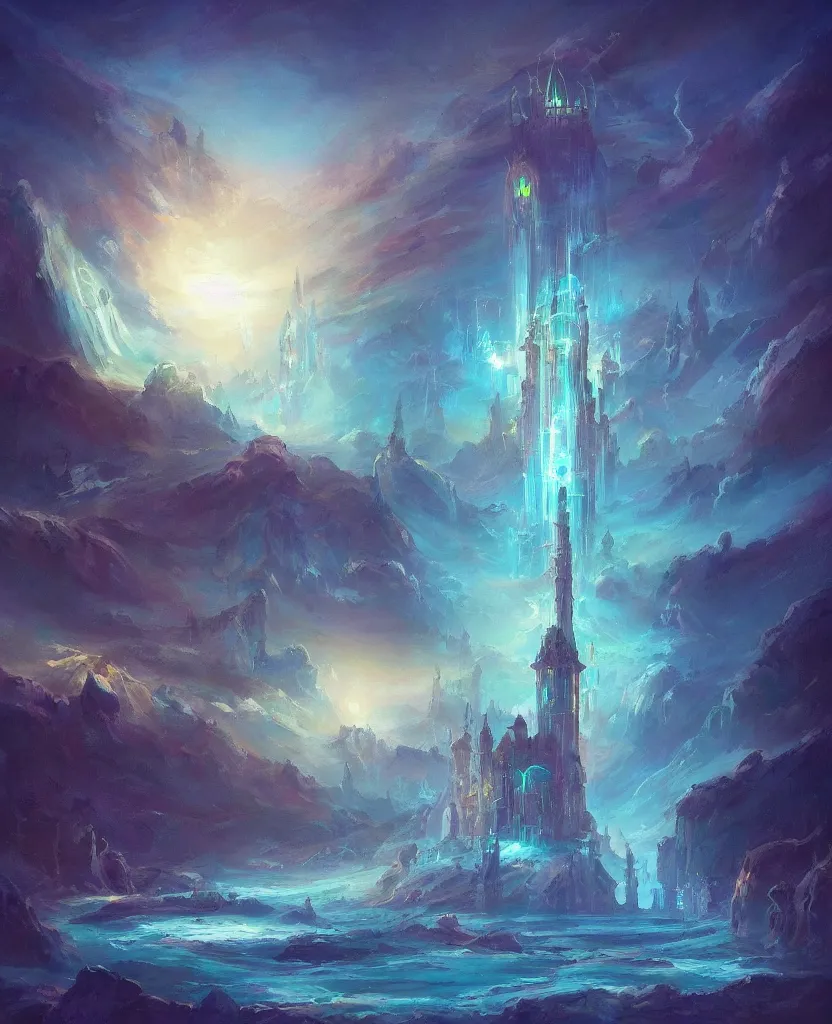 Image similar to “ a painting in the style of magic the gathering of an ancient tower, it is a glowing fortress and has iridescent mana radiating from it into the aether. it is centered. the background is the sky at night. retrofuturistic fantasy ”