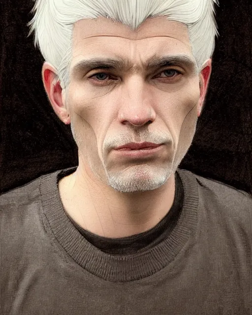 Image similar to portrait of 4 0 - year - old man with white hair with a pale complexion, pointed face and grey eyes, clear smooth face, no beard, wearing black clothes, haughty facial expression, hyper realistic face, beautiful eyes, close up, fantasy art, in the style of greg rutkowski, intricate, alphonse mucha, hyper detailed, smooth