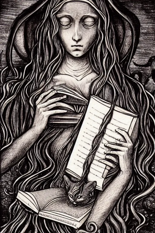 Image similar to da vinci illustration of romantic girl, her cat and her book of necronomicon, symmetrical, cinematic, sharp focus, 4 k, ultra hd, sense of awe, sinister demonic atmosphere, dreadful, forbidden knowledge, old gods, cthulhu, yog - sothoth! yah, yah, yah! cultist journal cover