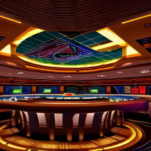 Image similar to futuristic casino, crisp, artistic, artstation, luxury, las vegas, beautiful, large, poker table