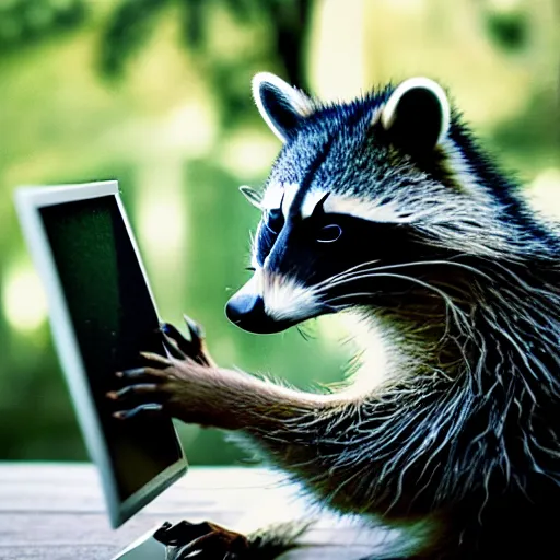 Prompt: photograph of a racoon using a computer, filmic, cinematographic