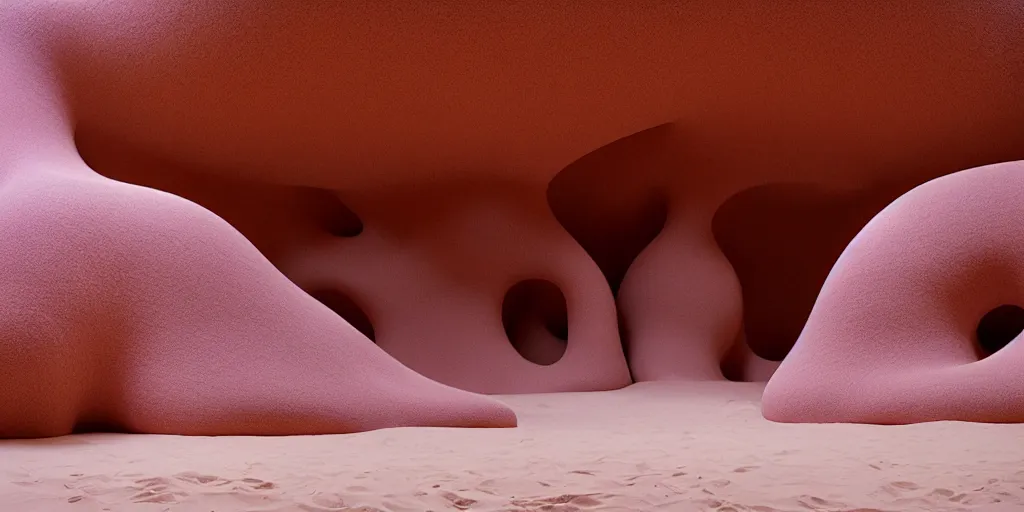 Image similar to soft biomorphic structures out of stocking - like material and nets that fills with various objects like spices, sand and shells by ernesto neto, dusty pink with light - mint color, film still from the movie directed by denis villeneuve with art direction by zdzisław beksinski, telephoto lens, shallow depth of field