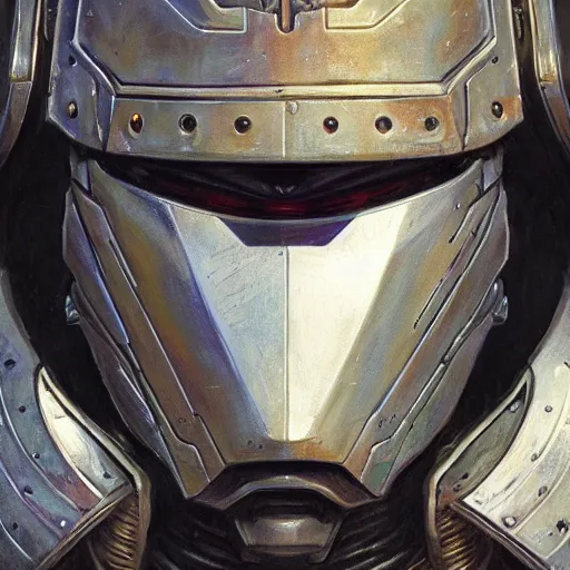 Image similar to the doomslayer with glowing armor as a realistic scifi cyberpunk knight, closeup portrait art by donato giancola and greg rutkowski, vintage retro scifi, realistic face, digital art, trending on artstation, symmetry!!