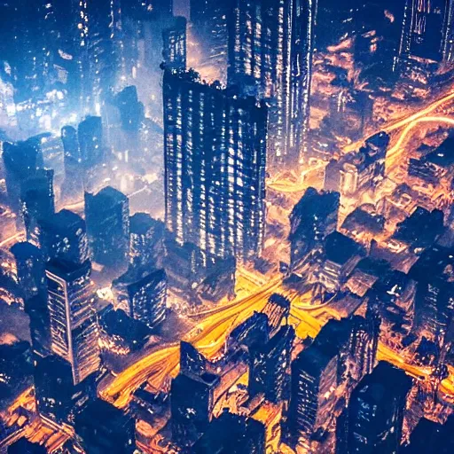 Image similar to aerial shot of the impressive dystopian cyberpunk city at night during amazing storm, nightscape, futuristic architecture, realistic photo, neons