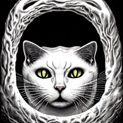 Image similar to white cat, lovecraft, art by hr giger!!!, gustave dore, artstation