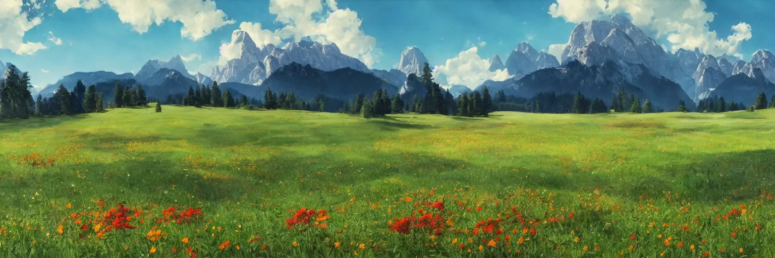 Prompt: a ultra photorealistic and sharp film still of an a sunny and colourful open field in 1 9 0 0 in the middle of the bavarian alps, germany. wide shot, wes anderson, studio ghibli, pixar and disney animation, octane render, anime key art by greg rutkowski, dramatic lighting, award winning photography