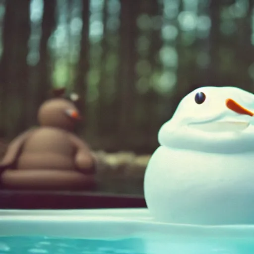 Image similar to cinematic photo of a taxidermized fat wet toad held by a smiling taxidermized snowman in a hot tub, vhs copy, film grain, motion blur, bokeh