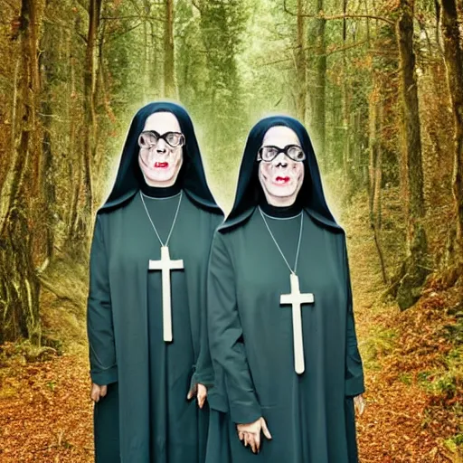 Image similar to award winning photo Floating twin nuns faces like dogs, wearing translucent habits Very long arms, in a forest, eerie, frightening —width 1024 —height 1024