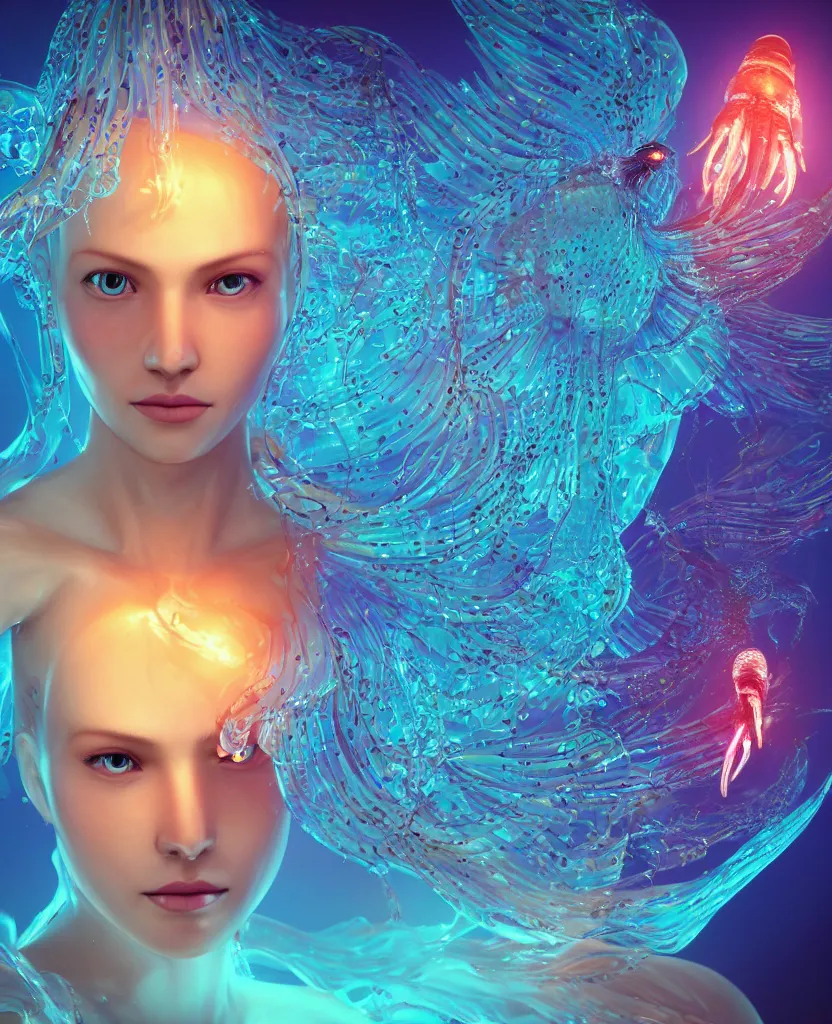 Image similar to close-up macro portrait of the face of a beautiful princess, epic angle and pose, symmetrical artwork, 3d with depth of field, blurred background, cybernetic jellyfish female face skull phoenix bird, translucent, nautilus, energy flows of water and fire. a highly detailed epic cinematic concept art CG render. made in Maya, Blender and Photoshop, octane render, excellent composition, cinematic dystopian brutalist atmosphere, dynamic dramatic cinematic lighting, aesthetic, very inspirational, arthouse. y Greg Rutkowski, Ilya Kuvshinov, WLOP, Stanley Artgerm Lau, Ruan Jia and Fenghua Zhong