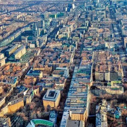 Image similar to warsaw postapocalyptic, panorama, bird's eye view